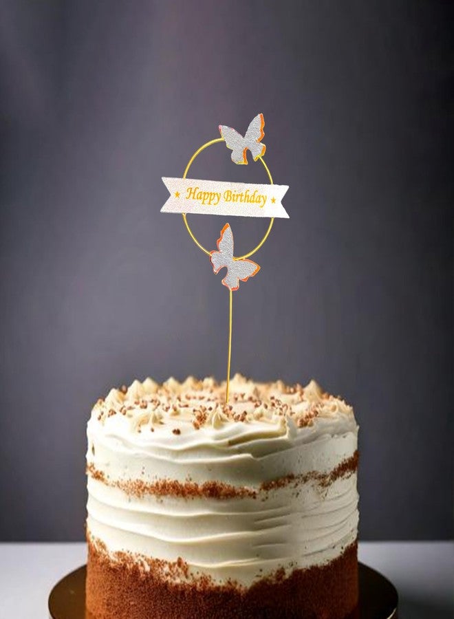 pop colours Happy Birthday Cake Topper | with Butterflies| 22 cm | Paper Circle Design, Gold Metal Ring With White Gliter Butterfly with Banner | (White) - Image 2